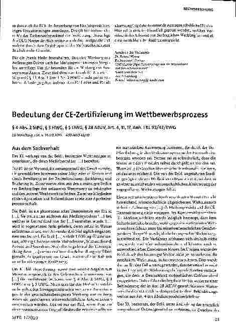 Vorschauseite 1: Bedeutung der CE-Zertifizierung im Wettbewerbsprozess § 4 Abs. 2 MPG, § 3 HWG, § 5 UWG, § 28 AEUV, Art. 4, 11, 17, Anh. I RL 93/42/EWG