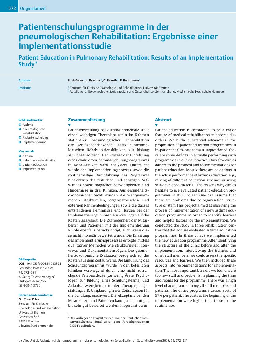 Vorschauseite 1: Patientenschulungsprogramme in der pneumologischen Rehabilitation: Ergebnisse einer Implementationsstudie