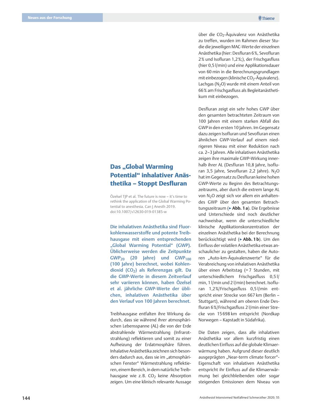 Vorschauseite 1: Das „Global Warming Potential“ inhalativer Anästhetika – Stoppt Desfluran.