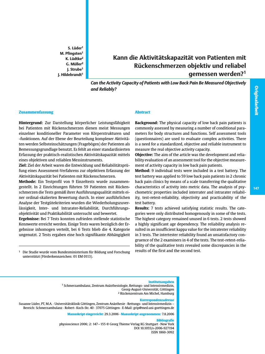 Vorschauseite 1: Kann die Aktivitätskapazität von Patienten mit Rückenschmerzen objektiv und reliabel gemessen werden?