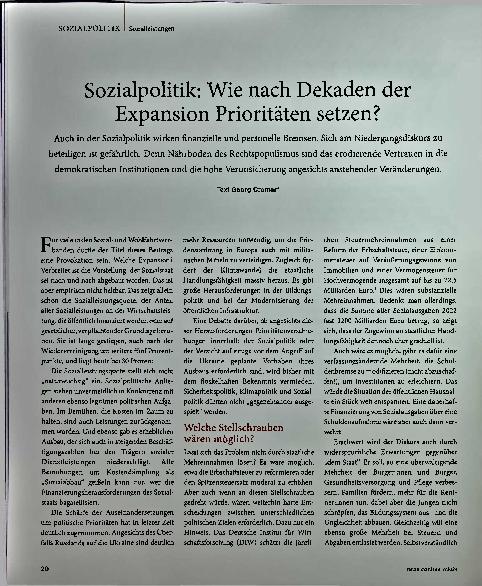 Vorschauseite 1: Sozialpolitik: Wie nach Dekaden der Expansion Prioritäten setzen?