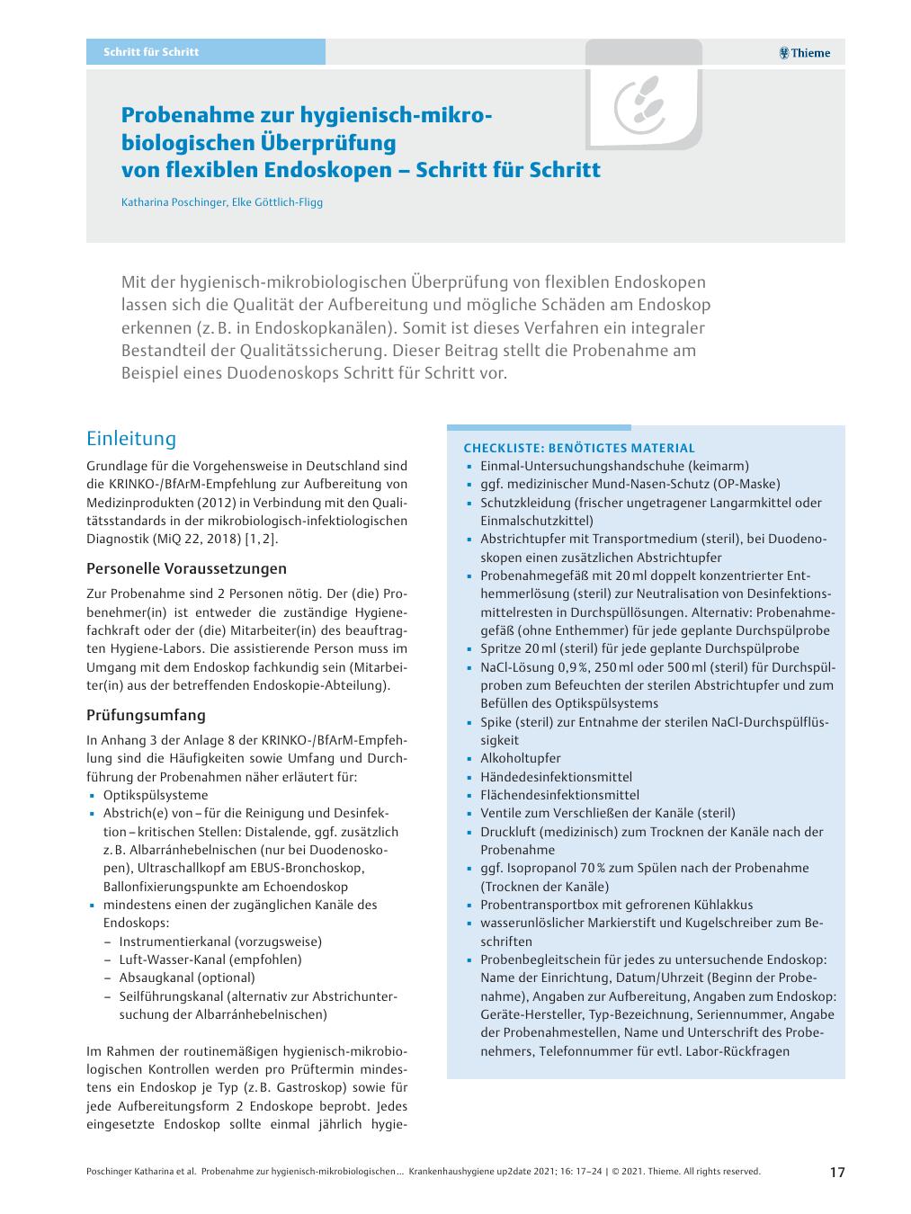 Vorschauseite 1: Probenahme zur hygienisch-mikrobiologischen Überprüfung von flexiblen Endoskopen – Schritt für Schritt