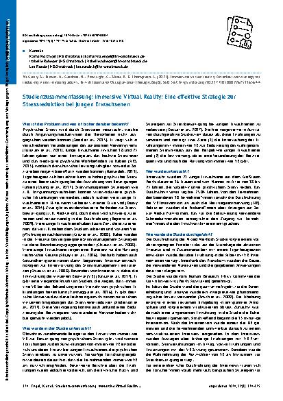 Vorschauseite 1: Studienzusammenfassung: Immersive Virtual Reality: Eine effektive Strategie zur Stressreduktion bei jungen Erwachsenen