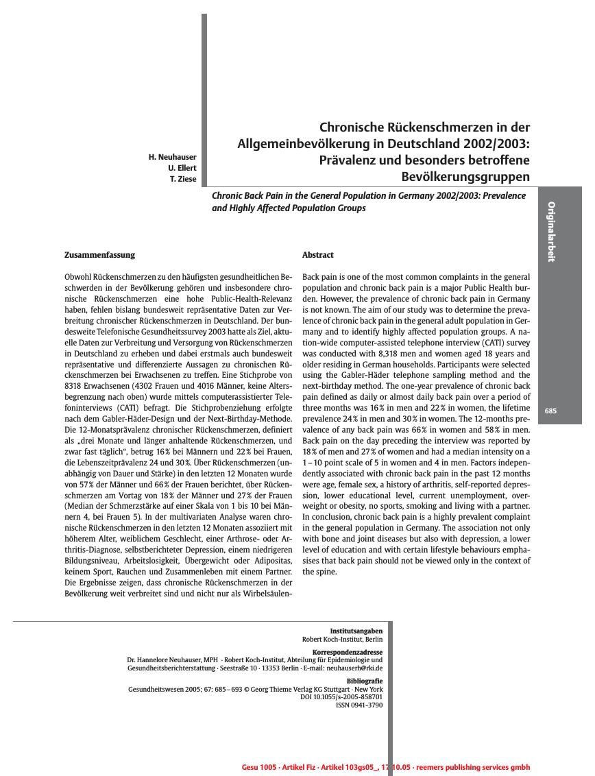 Vorschauseite 1: Chronische Rückenschmerzen in der Allgemeinbevölkerung in Deutschland 2002/2003: Prävalenz und besonders betroffene Bevölkerungsgruppen