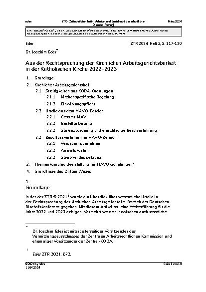 Vorschauseite 1: Aus der Rechtsprechung der Kirchlichen Arbeitsgerichtsbarkeit in der Katholischen Kirche 2022 – 2023