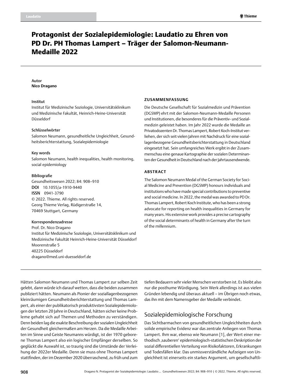 Vorschauseite 1: Protagonist der Sozialepidemiologie: Laudatio zu Ehren von PD Dr. phil. Thomas Lampert – Träger der Salomon-Neumann-Medaille 2022