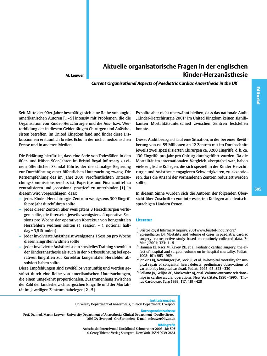 Vorschauseite 1: Aktuelle organisatorische Fragen in der englischen Kinder-Herzanästhesie
