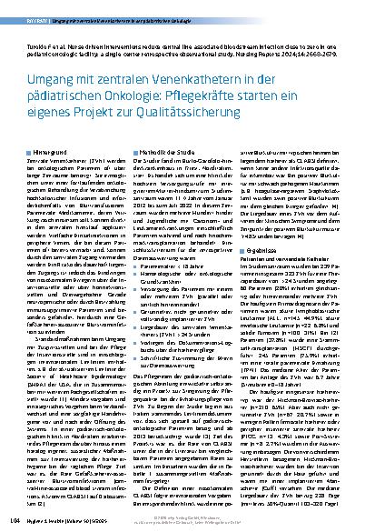 Vorschauseite 1: Umgang mit zentralen Venenkathetern in der pädiatrischen Onkologie: Pflegekräfte starten ein eigenes Projekt zur Qualitätssicherung