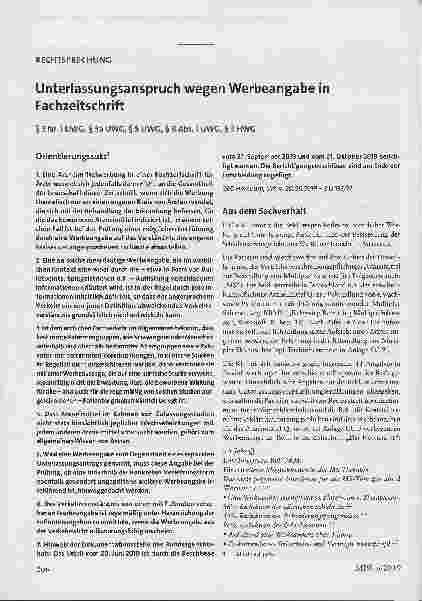 Vorschauseite 1: Rechtssprechung: Unterlassungsanspruch wegen Werbeangabe in Fachzeitschrift