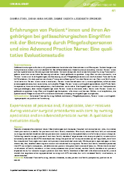 Vorschauseite 1: Erfahrungen von Patient*innen und ihren Angehörigen bei gefässchirurgischen Eingriffen mit der Betreuung durch Pflegefachpersonen und eine Advanced Practice Nurse: Eine qualitativ…