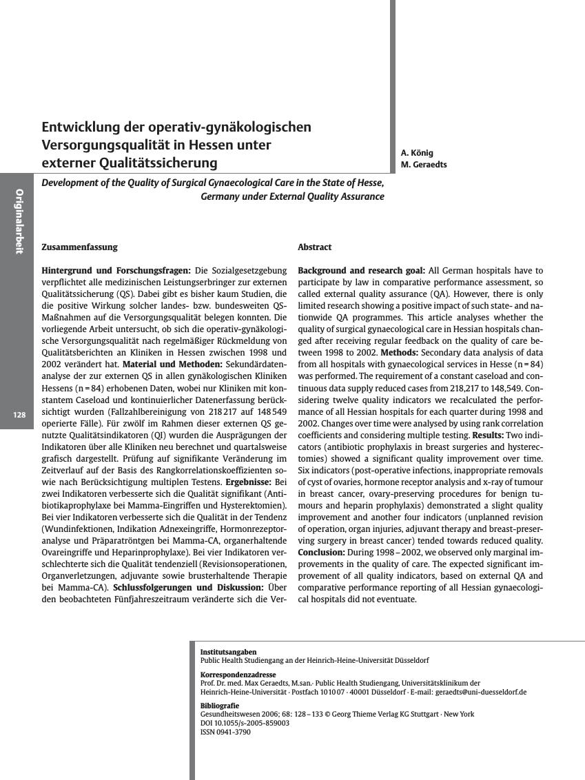 Vorschauseite 1: Entwicklung der operativ-gynäkologischen Versorgungsqualität in Hessen unter externer Qualitätssicherung
