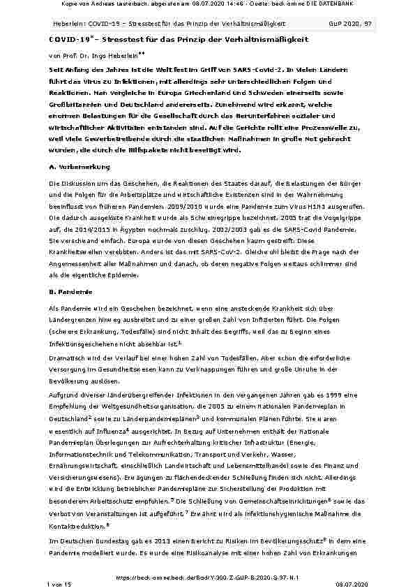 Vorschauseite 1: COVID-19 – Stresstest für das Prinzip der Verhältnismäßigkeit