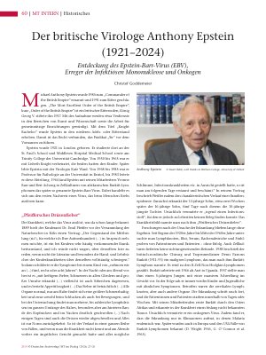 Vorschauseite 1: Der britische Virologe Anthony Epstein (1921 – 2024) Entdeckung des Epstein-Barr-Virus (EBV), Erreger der Infektiösen Mononukleose und Onkogen