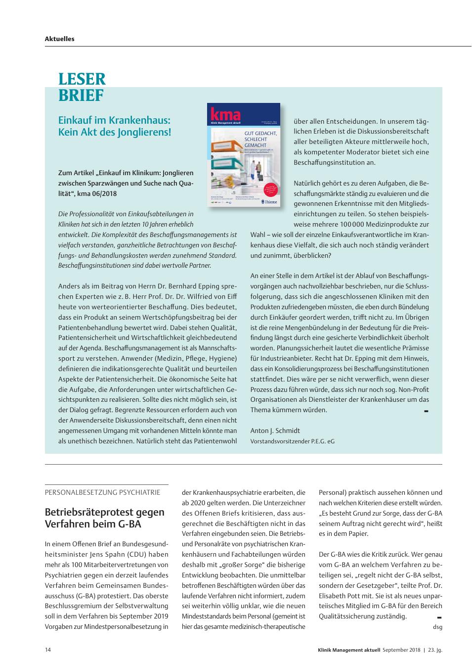 Vorschauseite 1: Leserbrief: Einkauf im Krankenhaus: Kein Akt des Jonglierens!