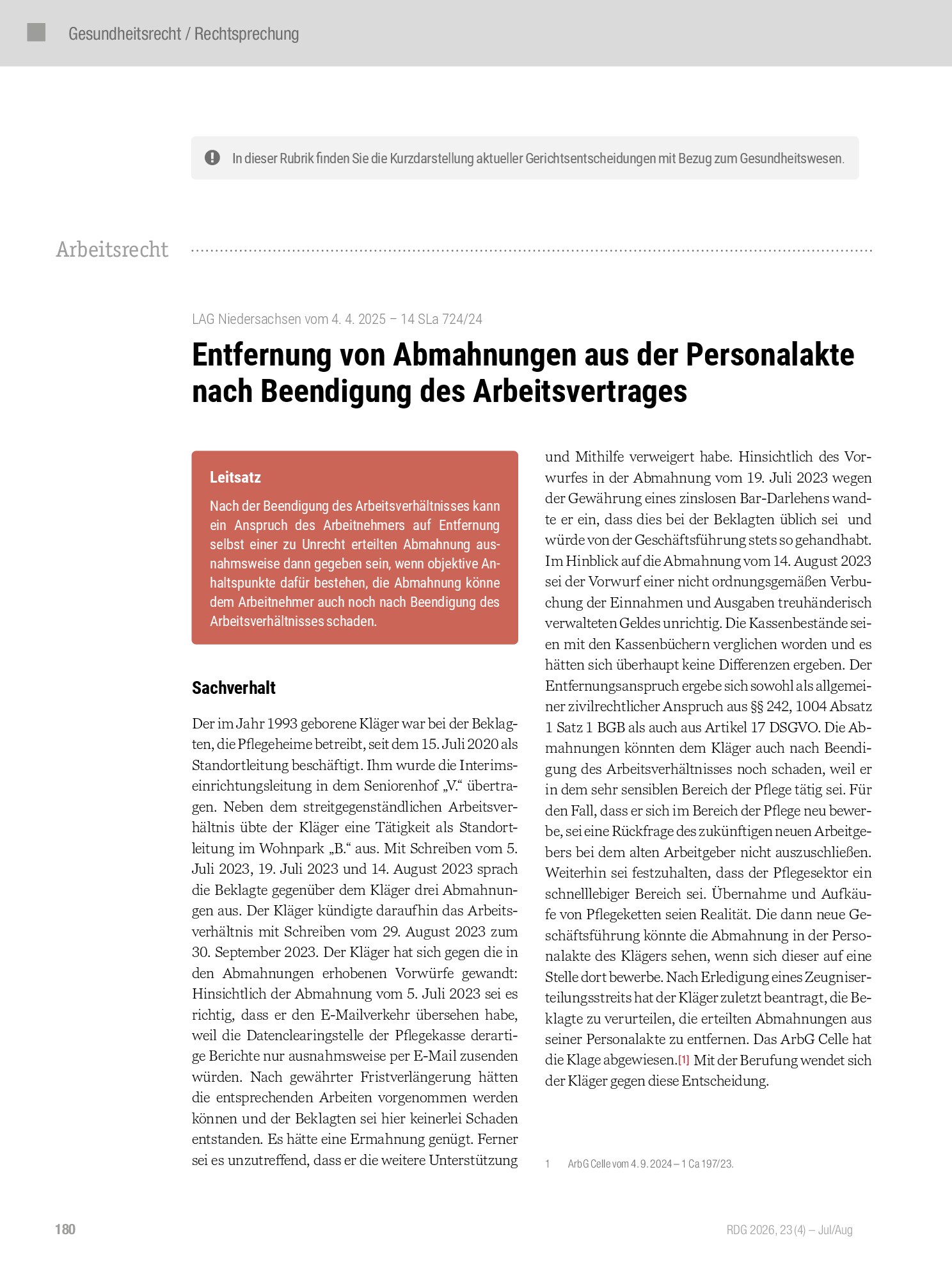 Vorschauseite 1: Entfernung von Abmahnungen aus der Personalakte nach Beendigung des Arbeitsvertrages