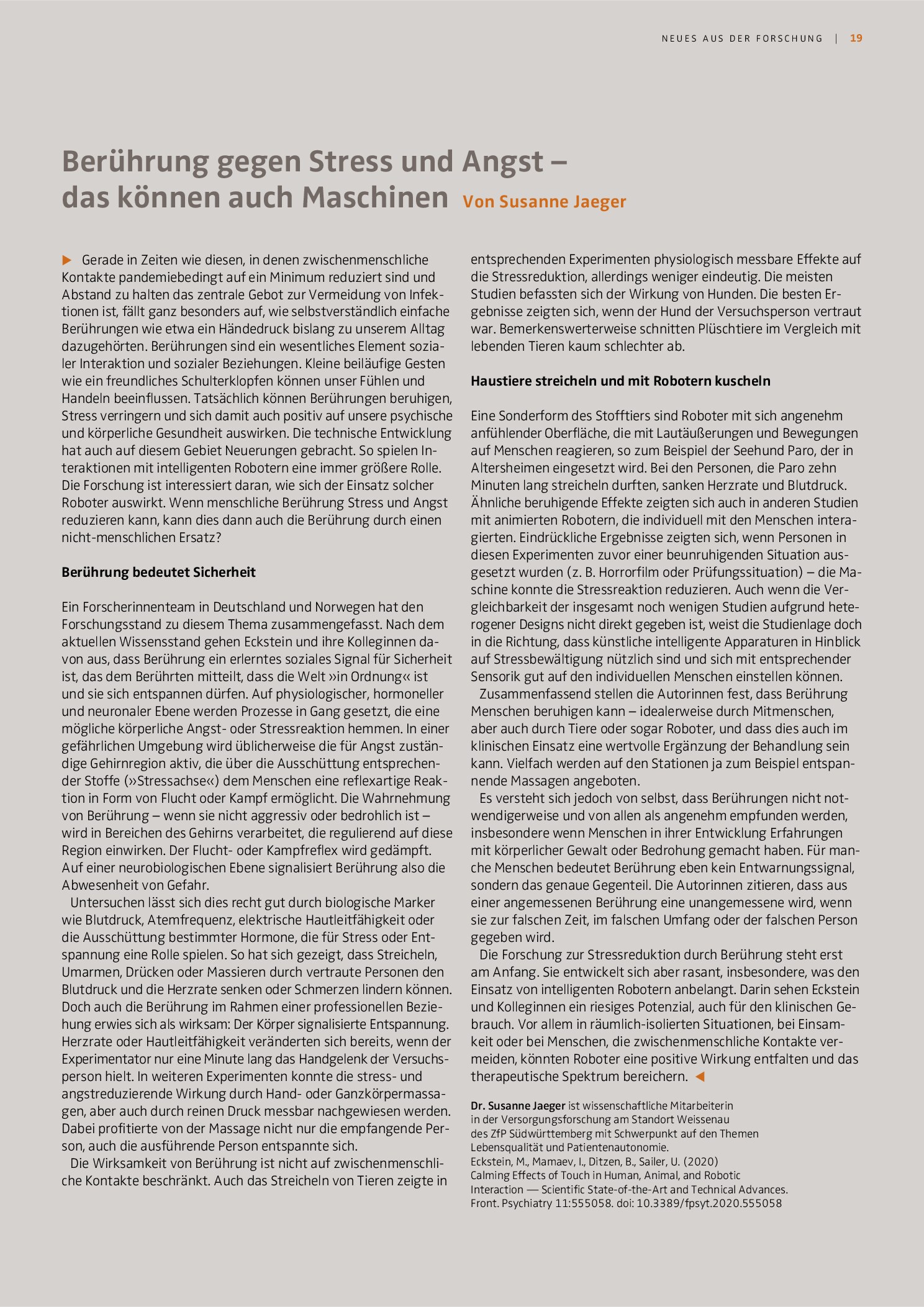Vorschauseite 1: Berührung gegen Stress und Angst – das können auch Maschinen