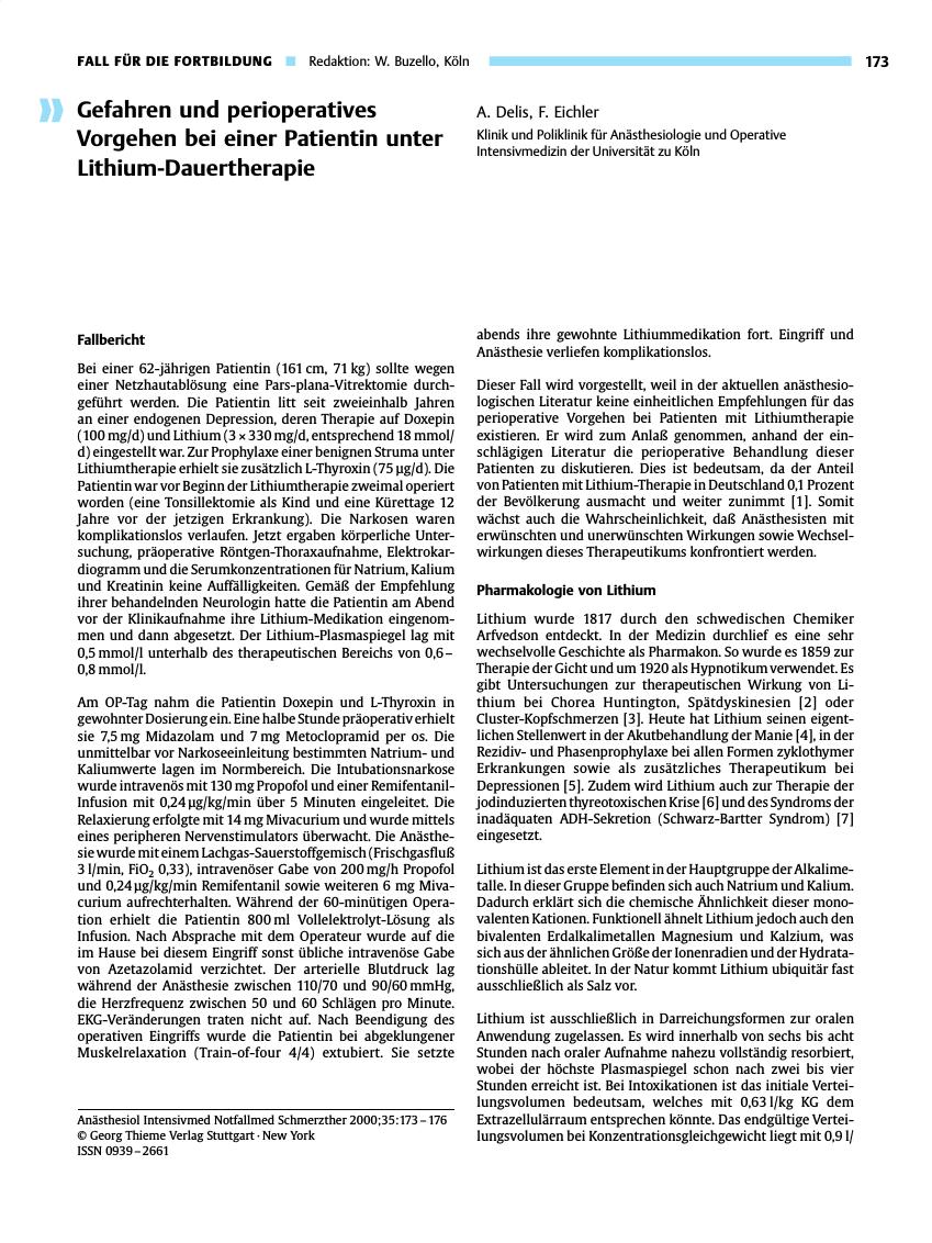 Vorschauseite 1: Gefahren und perioperatives Vorgehen bei einer Patientin unter Lithium-Dauertherapie