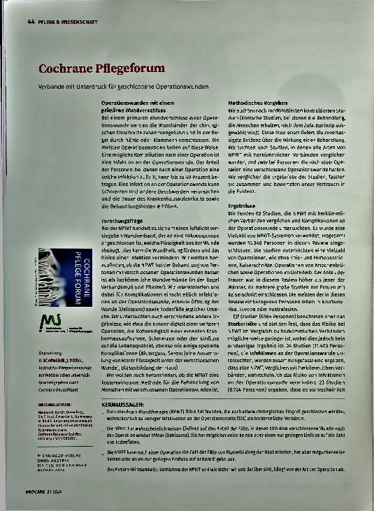 Vorschauseite 1: Cochrane Pflegeforum: Verbände mit Unterdruck für geschlossene Operationswunden