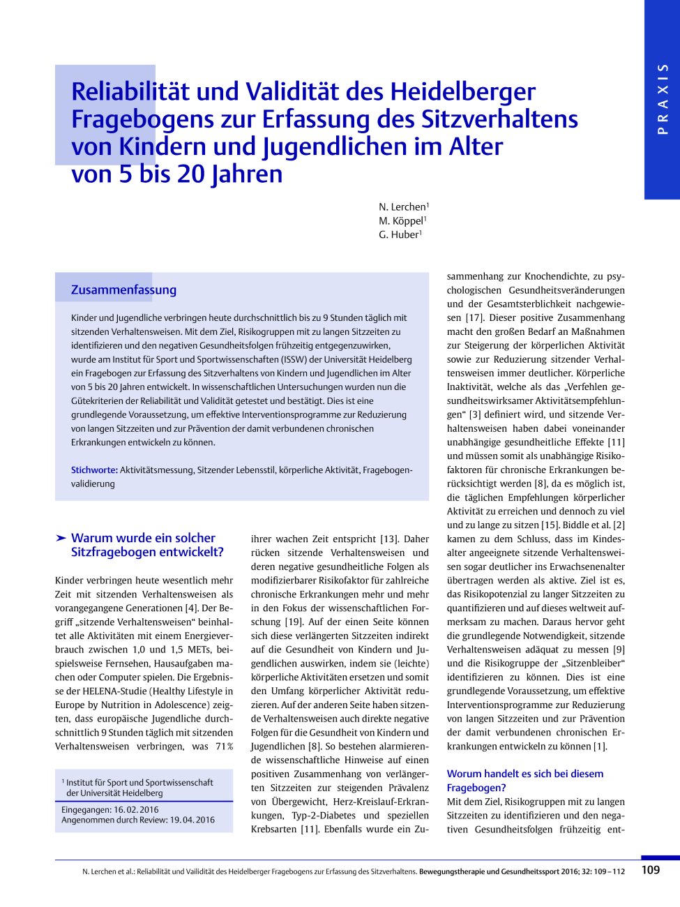 Vorschauseite 1: Reliabilität und Validität des Heidelberger Fragebogens zur Erfassung des Sitzverhaltens von Kindern und Jugendlichen im Alter von 5 bis 20 Jahren