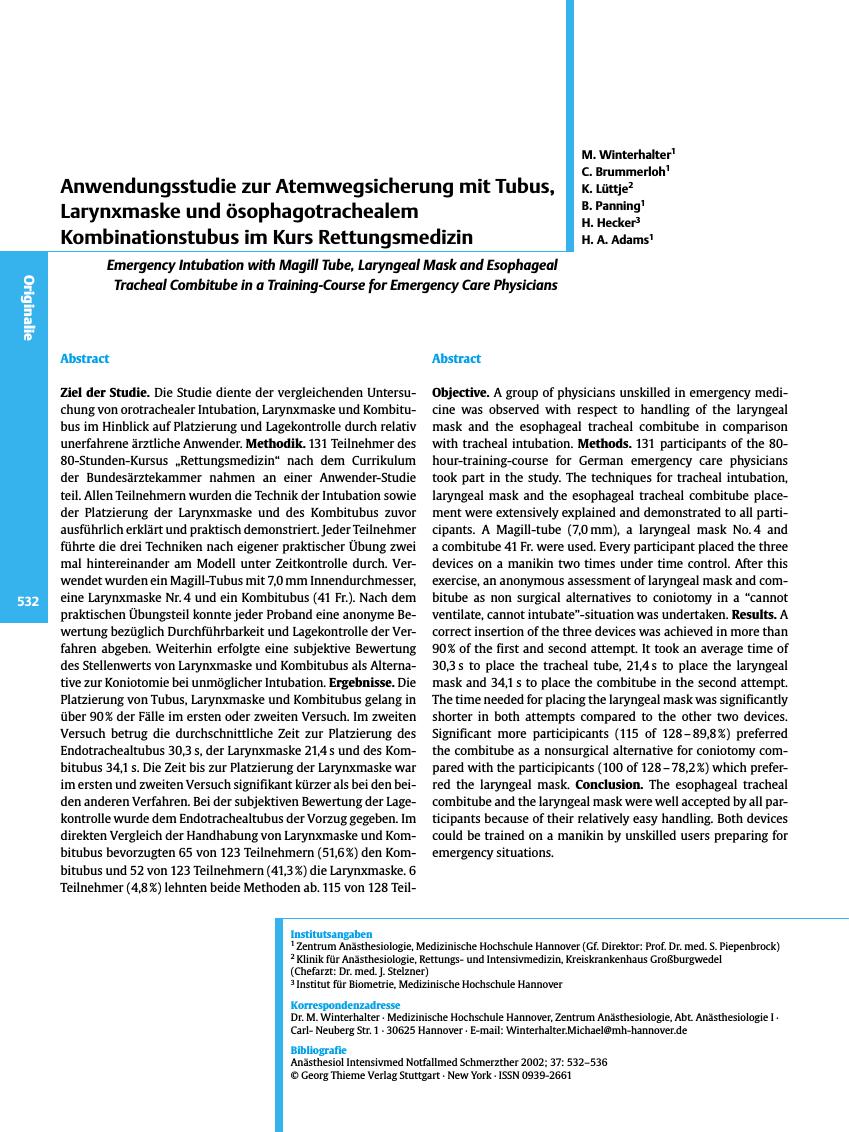 Vorschauseite 1: Anwendungsstudie zur Atemwegsicherung mit Tubus, Larynxmaske und ösophagotrachealem Kombinationstubus im Kurs Rettungsmedizin