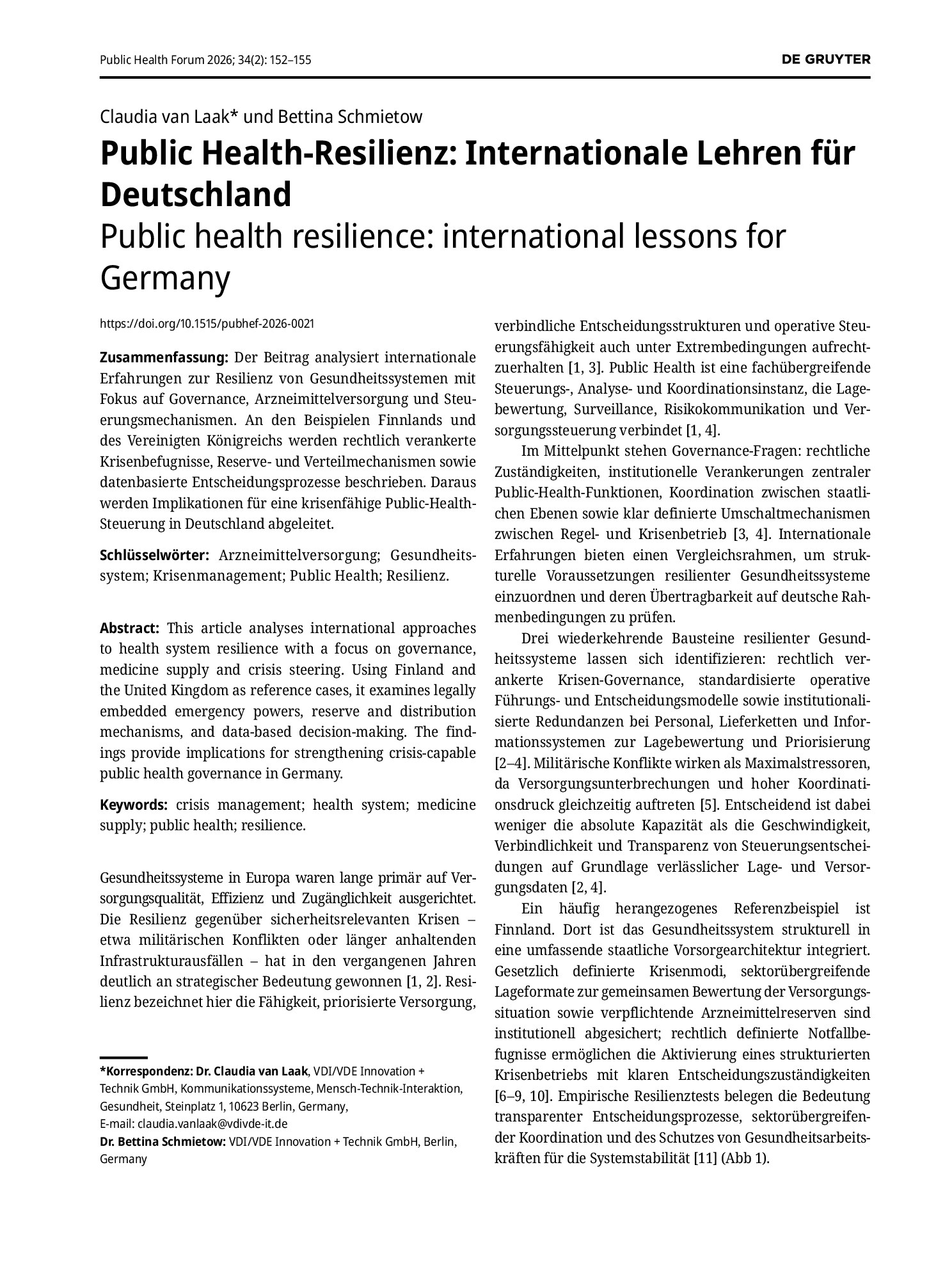 Vorschauseite 1: Public Health-Resilienz: Internationale Lehren für Deutschland