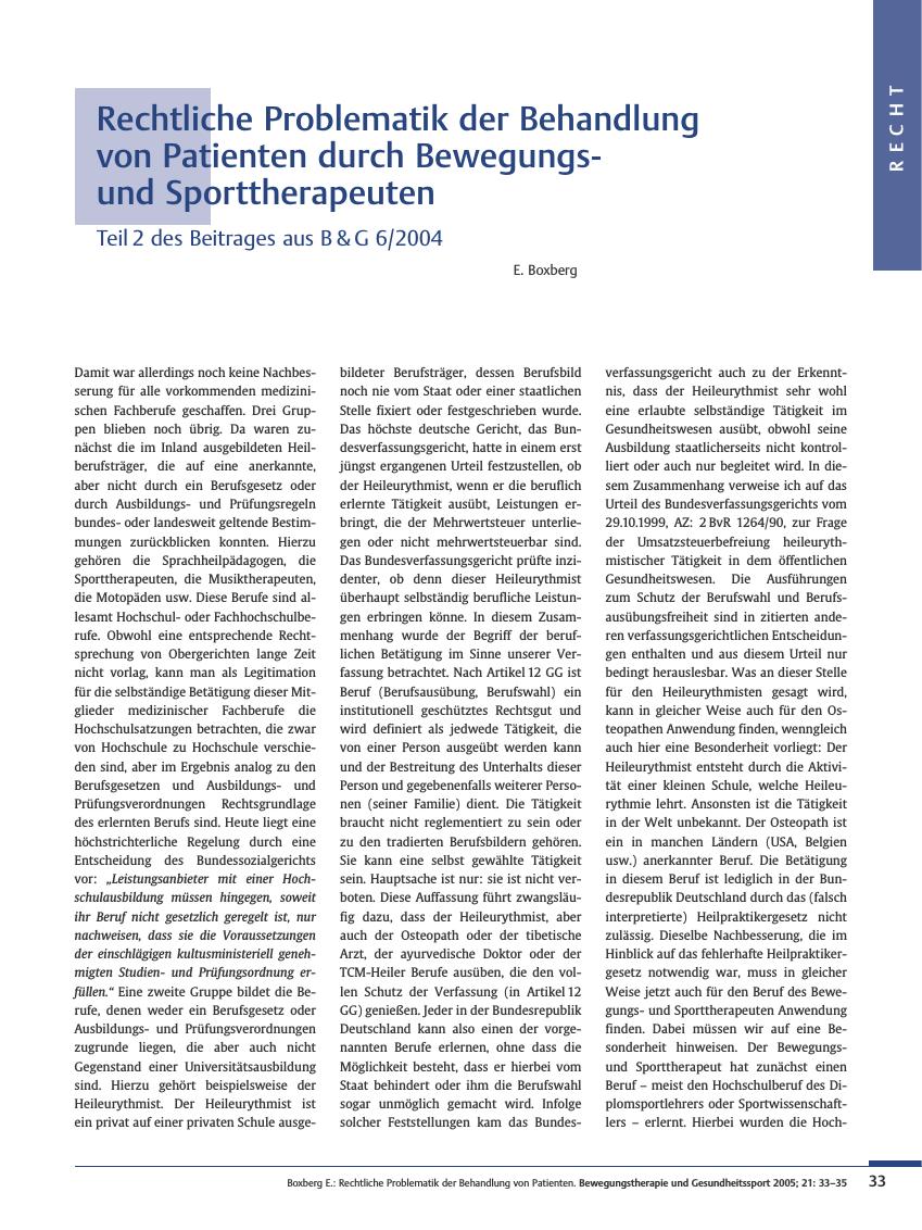 Vorschauseite 1: Rechtliche Problematik der Behandlung von Patienten durch Bewegungsund Sporttherapeuten