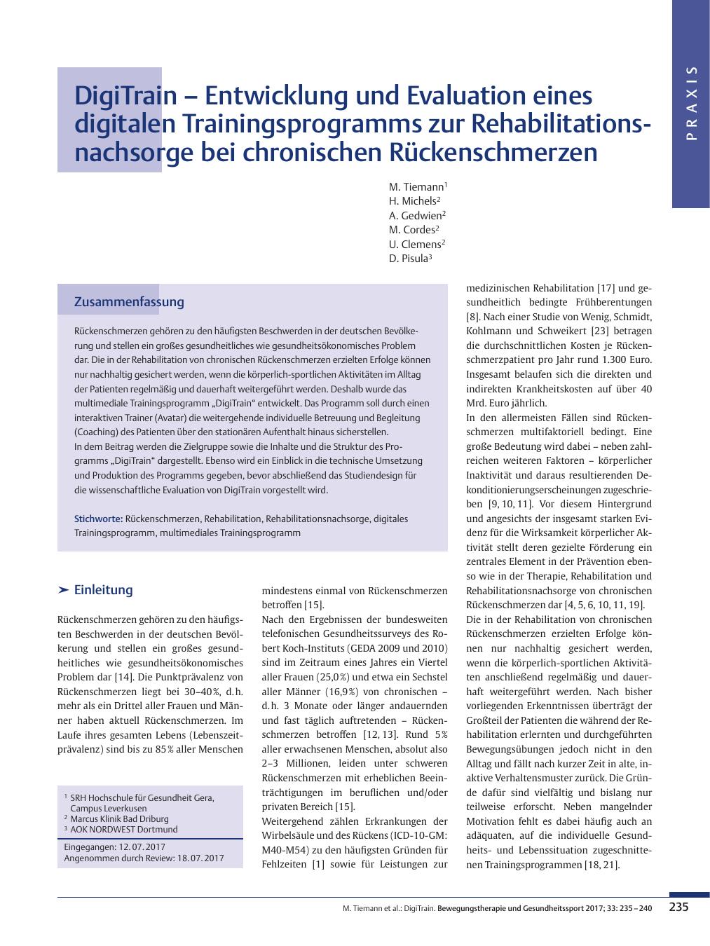 Vorschauseite 1: DigiTrain – Entwicklung und Evaluation eines digitalen Trainingsprogramms zur Rehabilitationsnachsorge bei chronischen Rückenschmerzen
