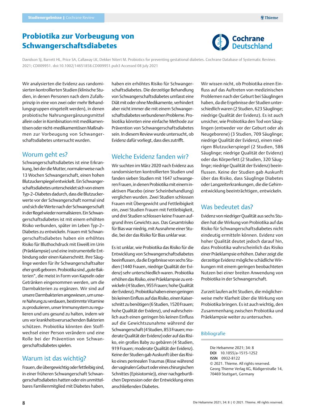 Vorschauseite 1: Probiotika zur Vorbeugung von Schwangerschaftsdiabetes