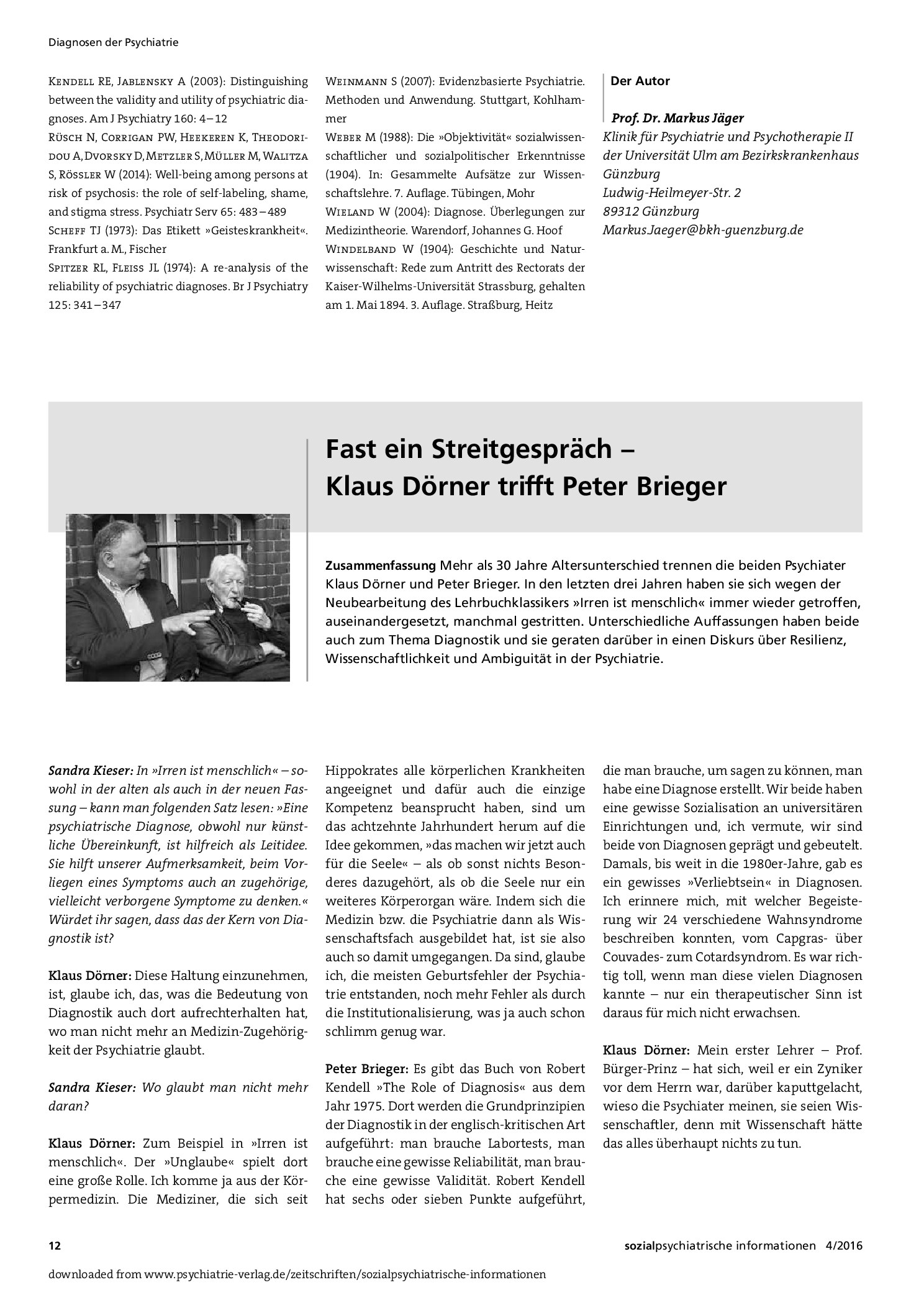 Vorschauseite 1: Fast ein Streitgespräch – Klaus Dörner trifft Peter Brieger