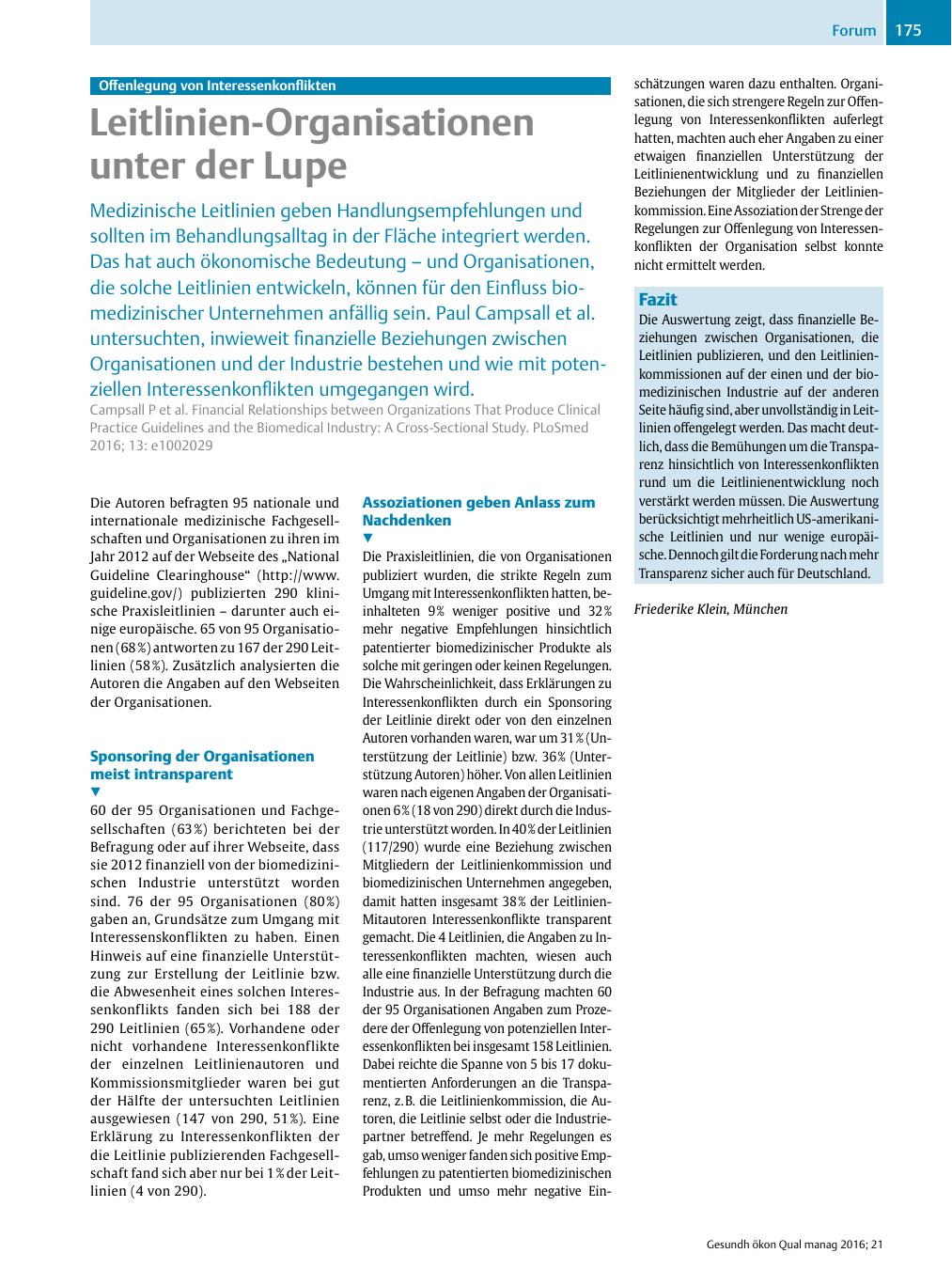 Vorschauseite 1: Offenlegung von Interessenkonflikten – Leitlinien-Organisationen unter der Lupe