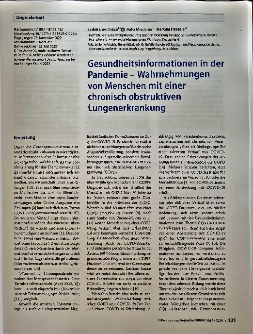 Vorschauseite 1: Gesundheitsinformationen in der Pandemie - Wahrnehmungen von Menschen mit einer chronisch obstruktiven Lungenerkrankung