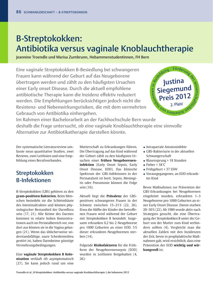 Vorschauseite 1: B-Streptokokken: Antibiotika versus vaginale Knoblauchtherapie