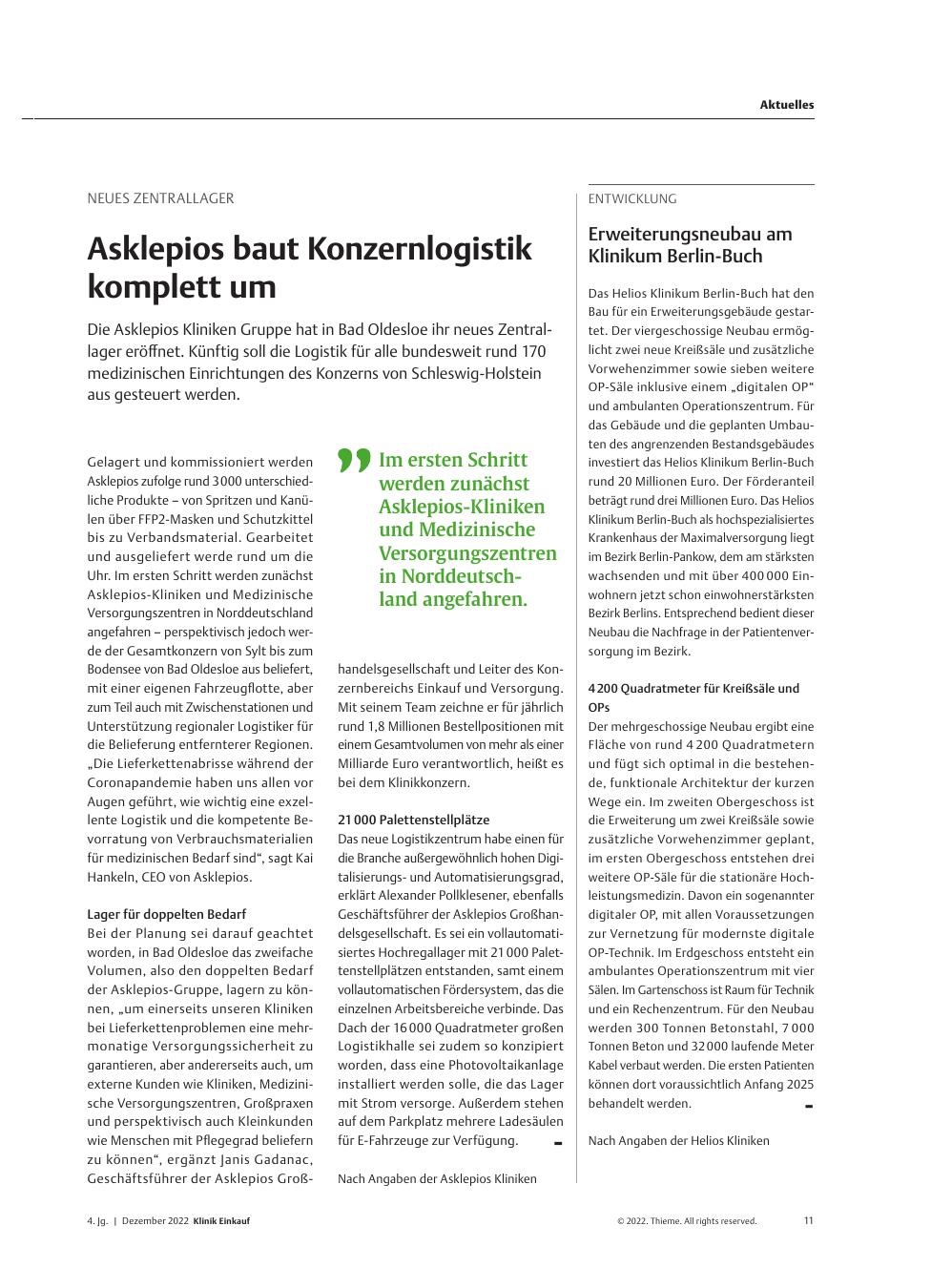 Vorschauseite 1: Neues Zentrallager: Asklepios baut Konzernlogistik komplett um