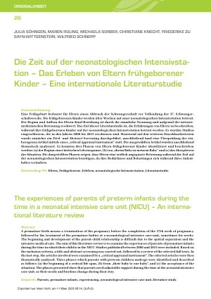Vorschauseite 1: Die Zeit auf der neonatologischen Intensivstation – Das Erleben von Eltern frühgeborener Kinder – Eine internationale Literaturstudie