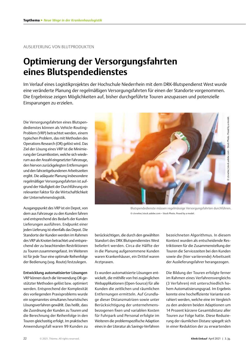 Vorschauseite 1: Auslieferung von Blutprodukten: Optimierung der Versorgungsfahrten eines Blutspendedienstes