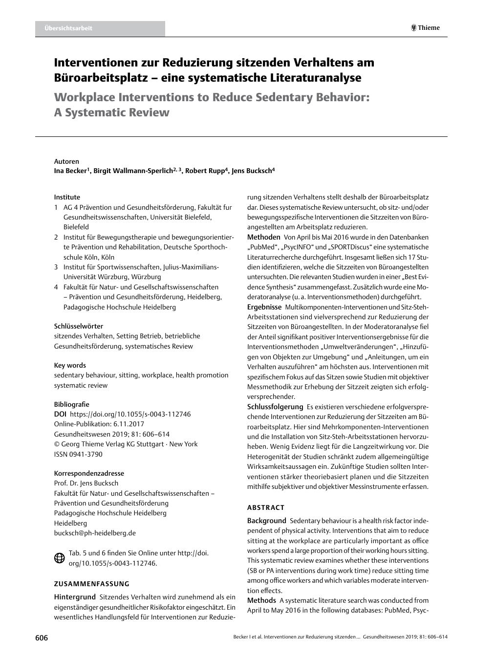 Vorschauseite 1: Interventionen zur Reduzierung sitzenden Verhaltens am Büroarbeitsplatz – eine systematische Literaturanalyse