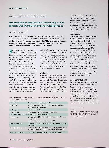 Vorschauseite 1: Intratracheales Budesonid in Ergänzung zu Sur factant. Das PLUSS für extrem Frühgeborene?