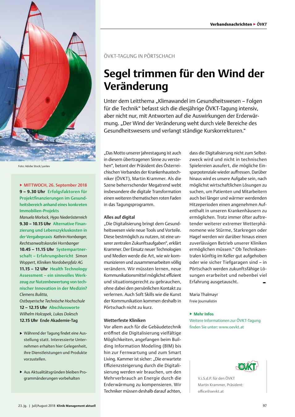Vorschauseite 1: ÖVKT-Tagung in Pörtschach: Segel trimmen für den Wind der Veränderung