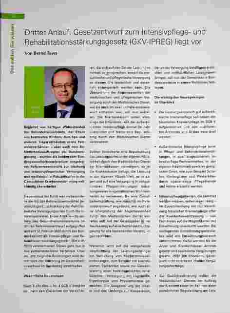 Vorschauseite 1: Dritter Anlauf: Gesetzentwurf zum Intensivpflegeund Rehabilitationsstärkungsgesetz (GKV-IPREG) liegt vor
