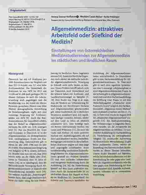 Vorschauseite 1: Allgemeinmedizin: attraktives Arbeitsfeld oder Stiefkind der Medizin? Einstellungen von österreichischen Medizinstudierenden zur Allgemeinmedizin im städtischen und ländlichen Raum