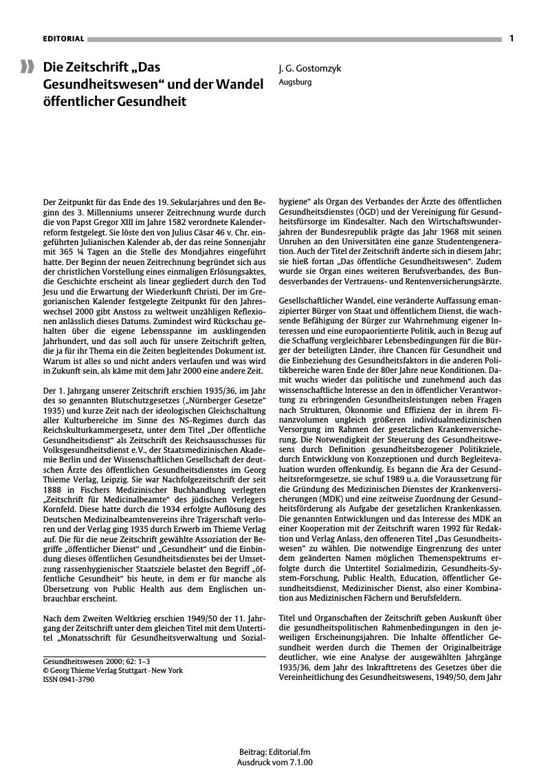Vorschauseite 1: Die Zeitschrift „Das Gesundheitswesen” und der Wandel öffentlicher Gesundheit