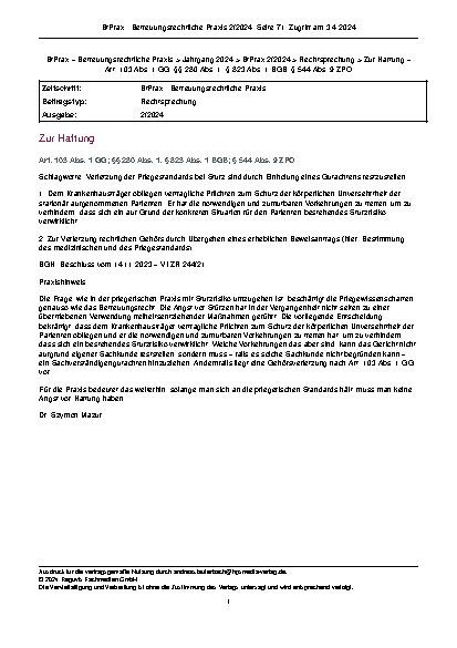 Vorschauseite 1: Zur Haftung Schlagworte: Verletzung der Pflegestandards bei Sturz sind durch Einholung eines Gutachtens festzustellen.