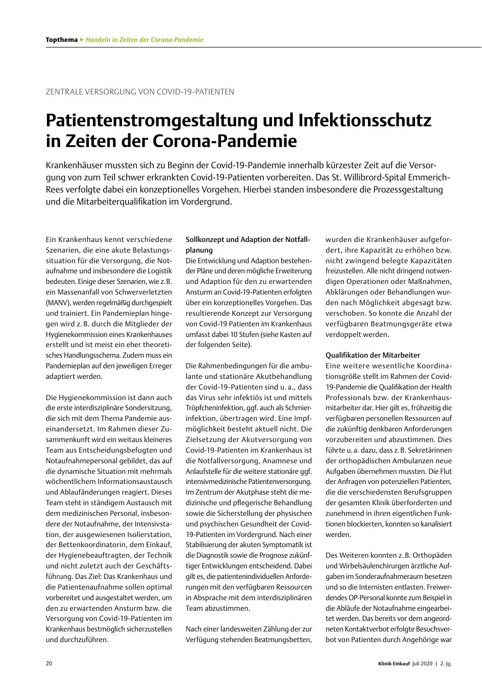 Vorschauseite 1: Zentrale Versorgung von Covid-19-Patienten: Patientenstromgestaltung und Infektionsschutz in Zeiten der Corona-Pandemie