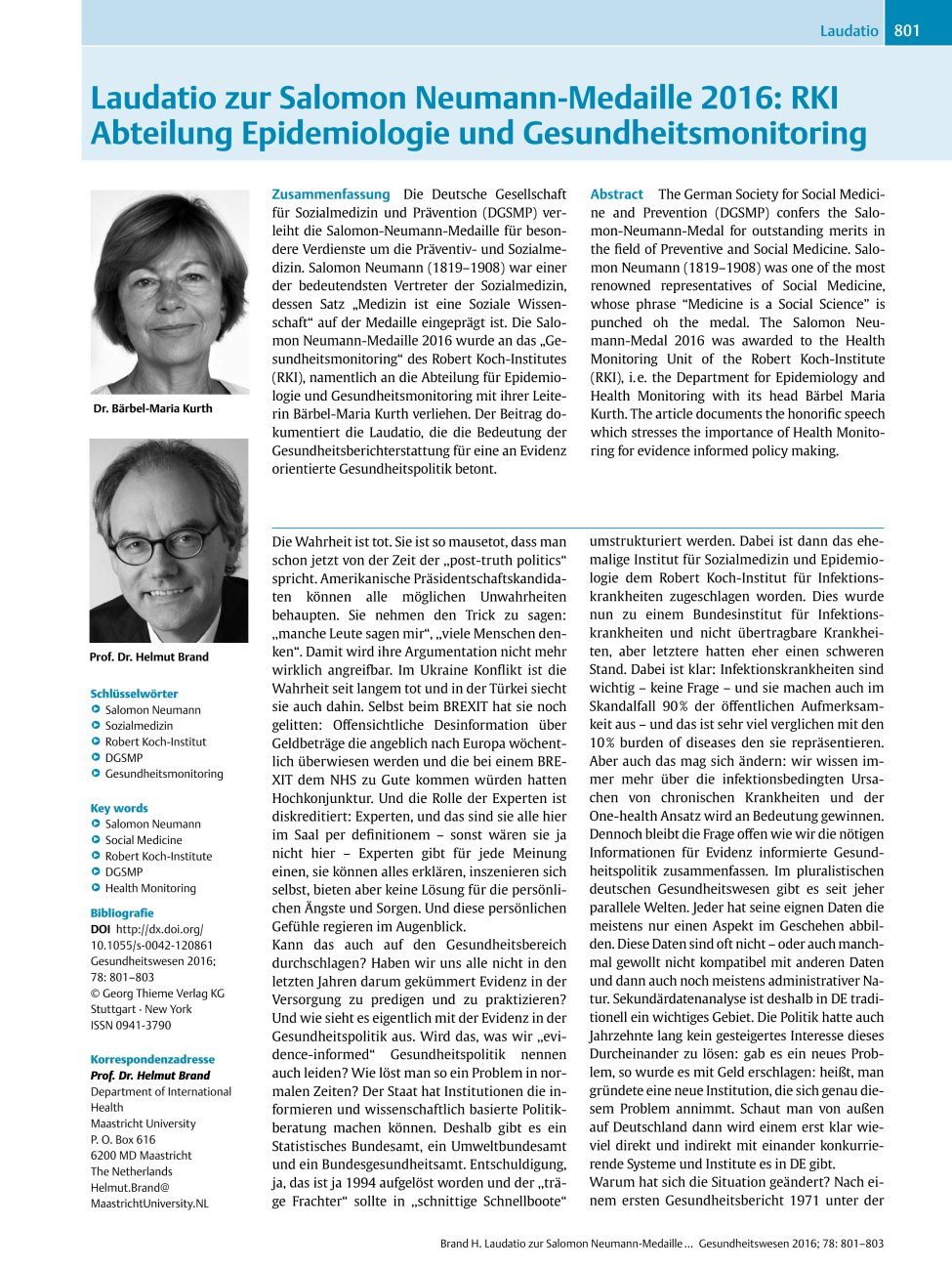 Vorschauseite 1: Laudatio zur Salomon Neumann-Medaille 2016: RKI Abteilung Epidemiologie und Gesundheitsmonitoring