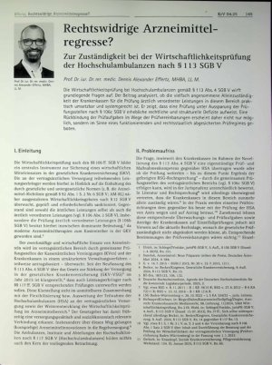 Vorschauseite 1: Rechtswidrige Arzneimittel regresse? Zur Zuständigkeit bei der Wirtschaftlichkeitsprüfung der Hochschulambulanzen nach § 113 SGB V
