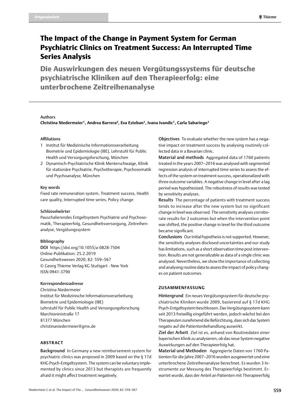Vorschauseite 1: The Impact of the Change in Payment System for German Psychiatric Clinics on Treatment Success: An Interrupted Time Series Analysis