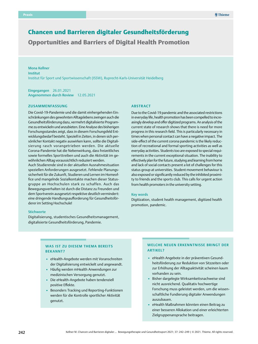 Vorschauseite 1: Chancen und Barrieren digitaler Gesundheitsförderung