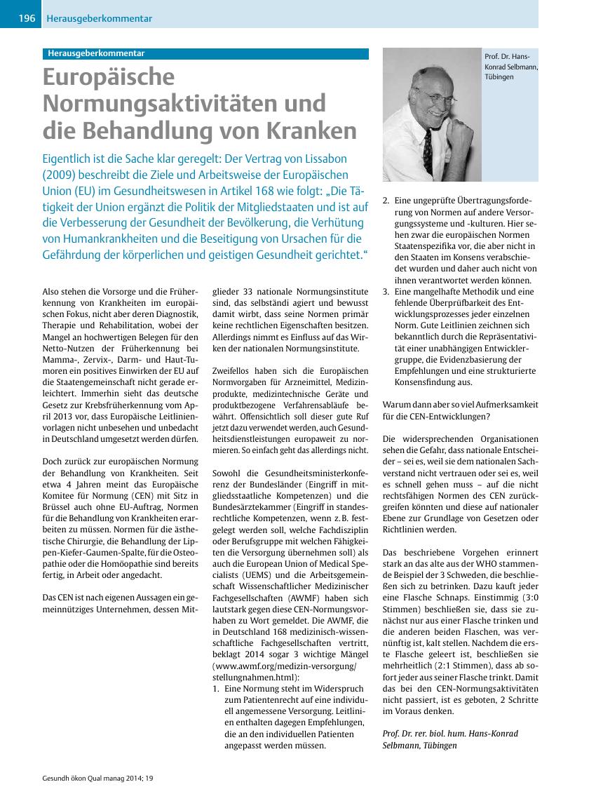 Vorschauseite 1: Herausgeberkommentar – Europäische Normungsaktivitäten und die Behandlung von Kranken