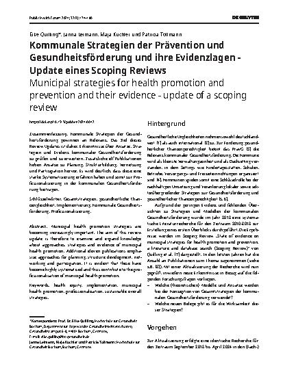 Vorschauseite 1: Kommunale Strategien der Prävention und Gesundheitsförderung und ihre Evidenzlagen - Update eines Scoping Reviews