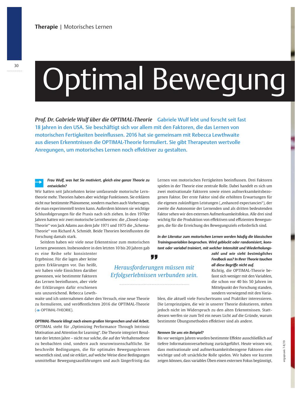 Vorschauseite 1: Optimal Bewegung lernen ? Prof. Dr. Gabriele Wulf über die OPTIMAL-Theorie